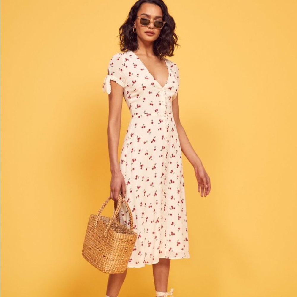 Reformation Cream Midi Dress with Red Cherry Print